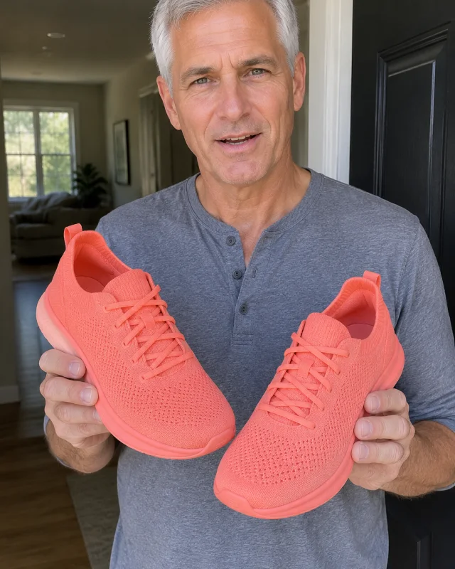 A man with short silver hair holds a pair of plain coral running shoes in a home doorway.
