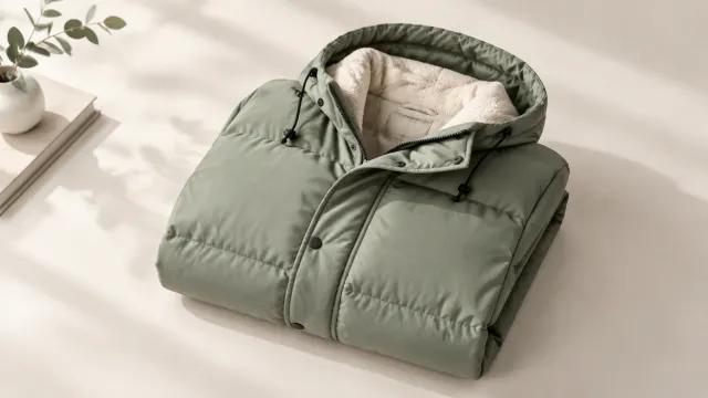 Winter jacket folded on a clean surface