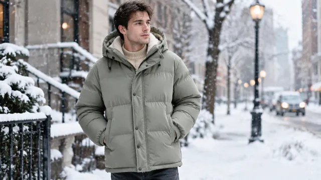 Jacket in a snowy city setting
