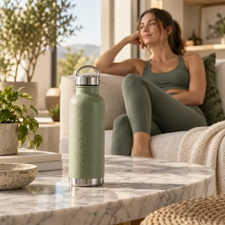 Green water bottle in a living room scene