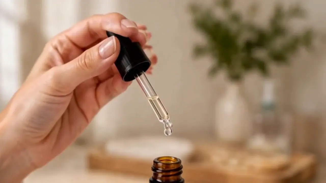 A hand lifts an amber skincare dropper and applies serum to a face in a bathroom.