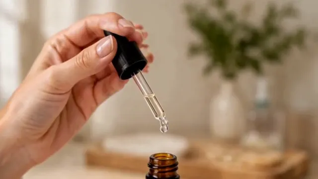 A hand lifts an amber skincare dropper and applies serum to a face in a bathroom.