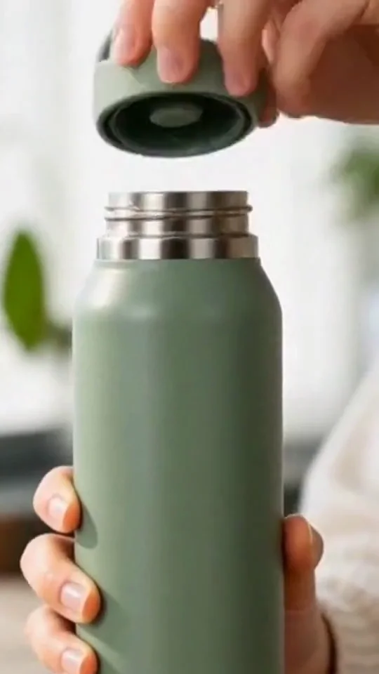 Hands unscrew a sage-green bottle lid and pour water into its open mouth.