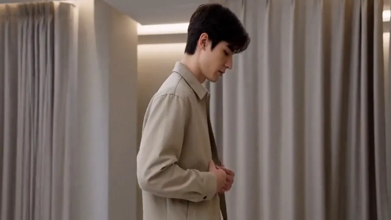 A model puts on a beige overshirt, turns, and examines its fabric.