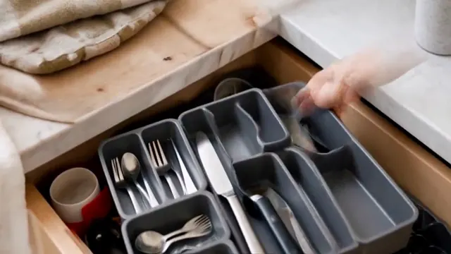 Hands remove utensils, place gray dividers in a kitchen drawer, and organize it.