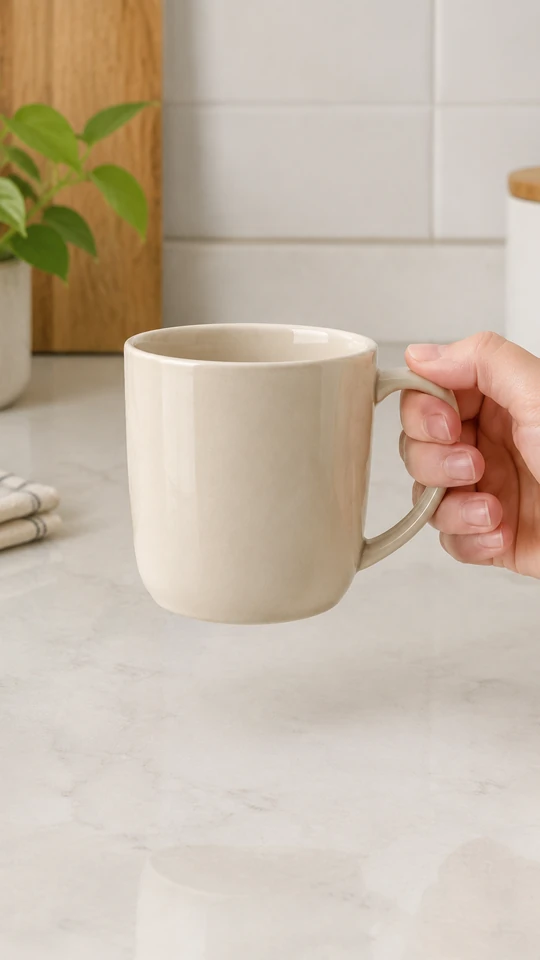 Hand lifts a plain beige ceramic mug from a counter for a short product demo.