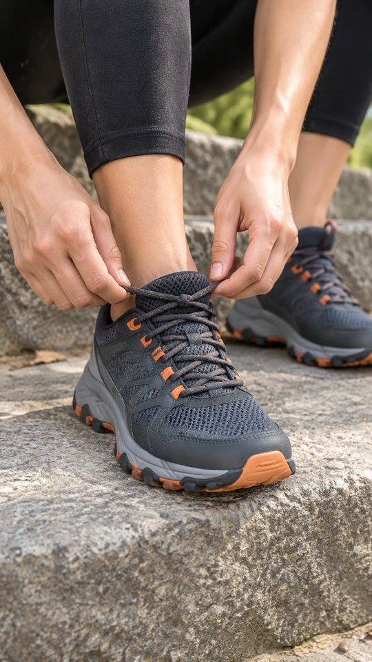 Hands tie charcoal mesh trail-running shoes before a run outdoors.