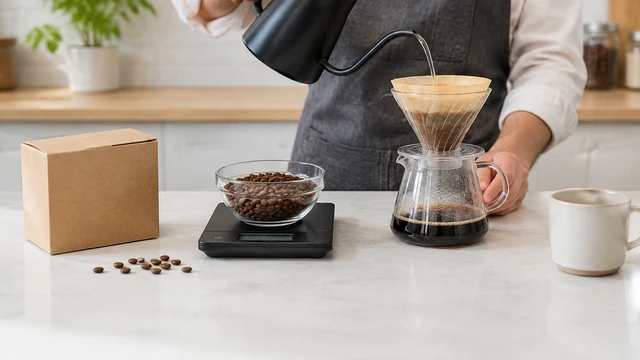Hands weigh coffee beans and pour coffee beside a small blank shipping box.