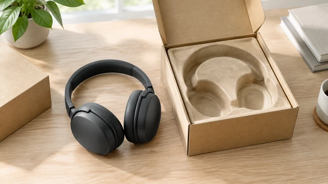 Open kraft headphone box with over-ear headphones on a light wood desk.