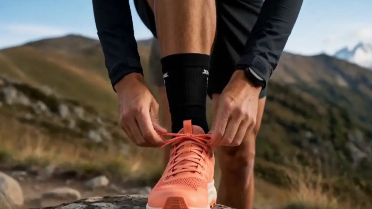 Hands tie coral trail shoes, show the sole, and step along a mountain path.