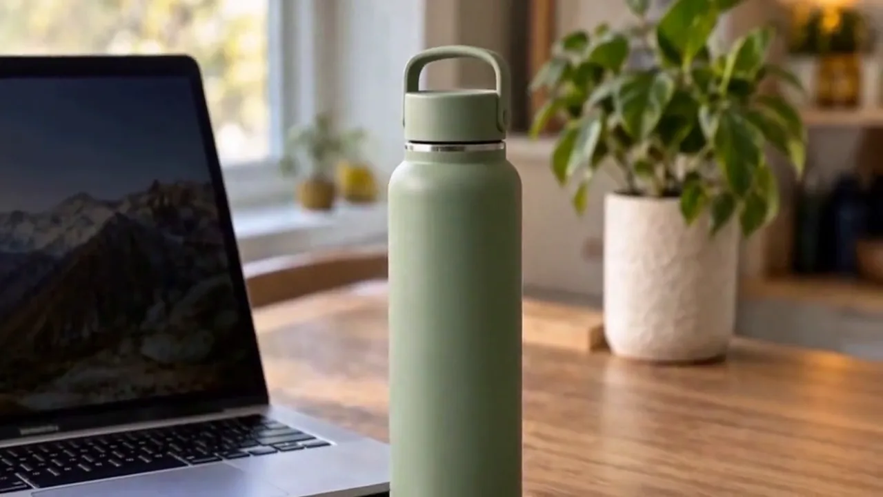Hands fill a green insulated bottle at an office desk and lift it.