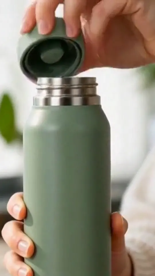 Hands unscrew a sage-green bottle lid and pour water into its open mouth.