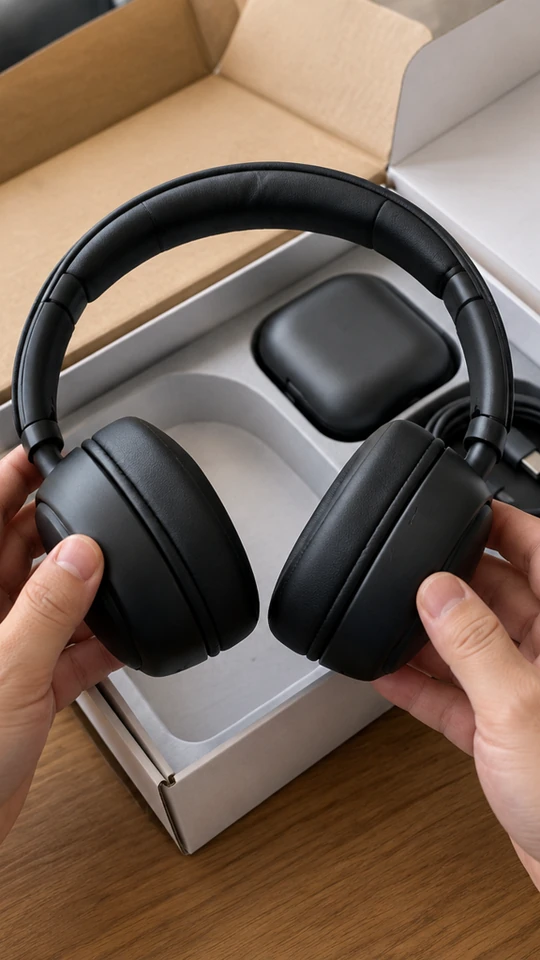 Hands open a gray headphone package and remove the headphones and charging case.