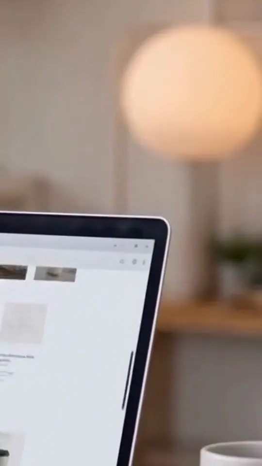 A hand views a product page, picks up a beige mug, and takes a drink.