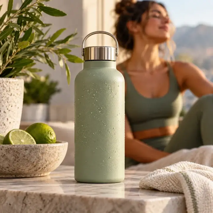 Same water bottle in a sunlit feed ad
