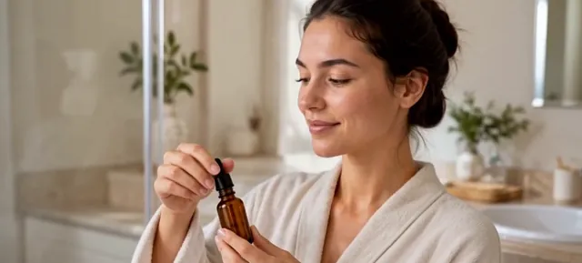 Woman in a robe holding an amber dropper bottle in a bright bathroom