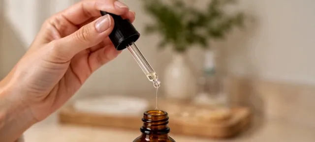 Close view of a hand holding a serum dropper above an amber bottle