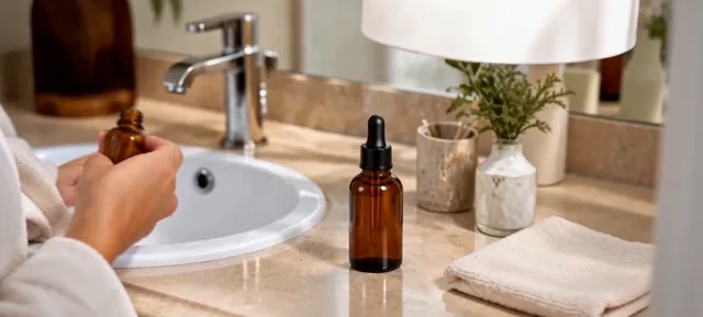 Hand holding an amber dropper beside a serum bottle on a bathroom counter