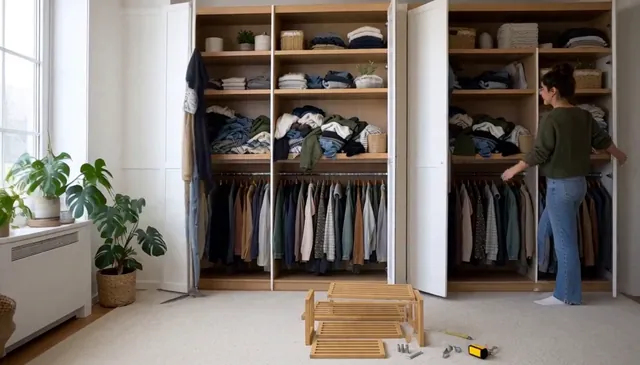 Wardrobe shelves of folded clothes with a person standing beside it