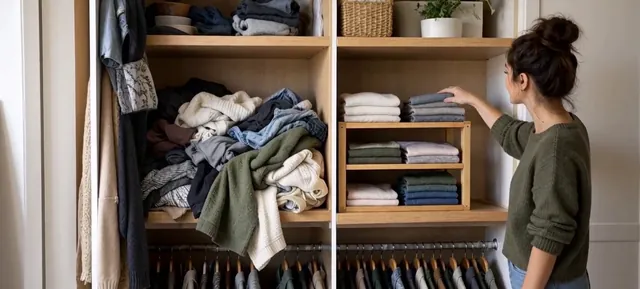 Wardrobe shelves with one pile of clothes next to neatly folded stacks