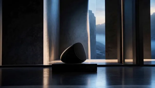 Dark compact speaker lit by soft window light