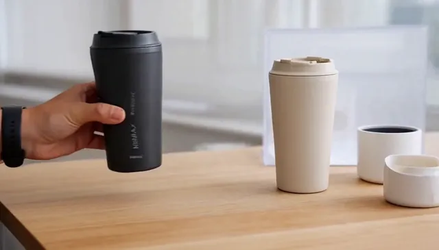 Hand holding a black insulated mug next to a cream one on a wooden table.