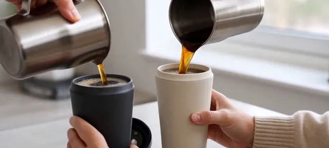 Coffee poured into a black insulated mug and a cream one held side by side