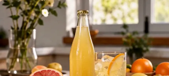 Glass bottle of golden citrus drink and a glass with fruit on a kitchen counter