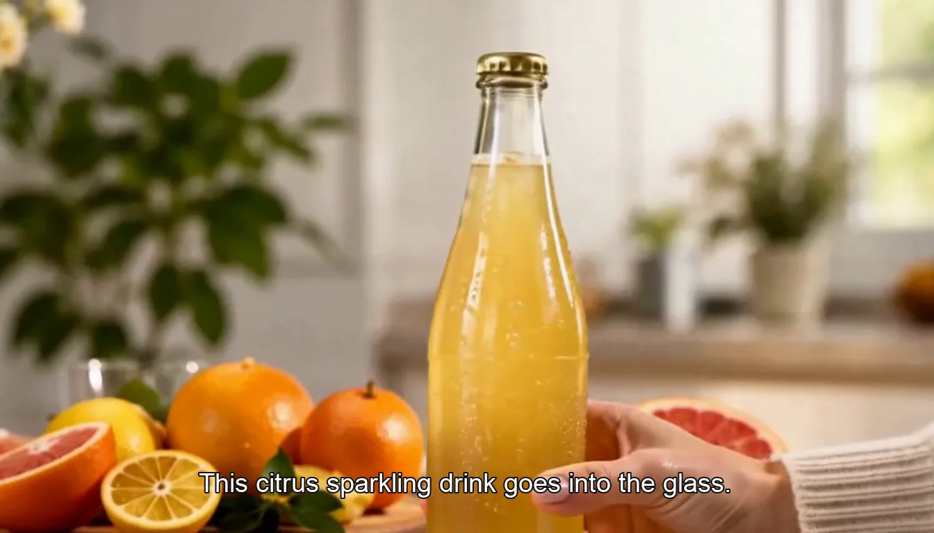 Glass bottle of golden sparkling citrus drink beside fresh oranges and a grapefruit half