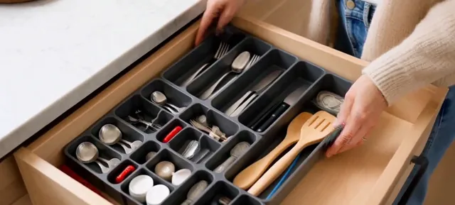 Cutlery sorted into gray drawer trays inside a wooden kitchen drawer