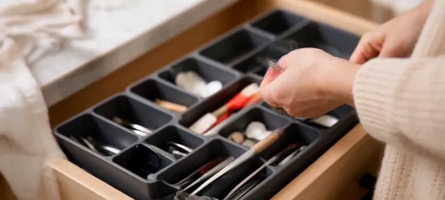 Hand placing utensils into a gray drawer organizer