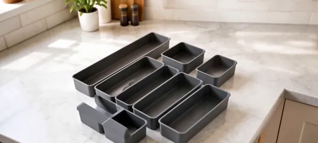 Set of gray drawer organizer trays on a white marble counter