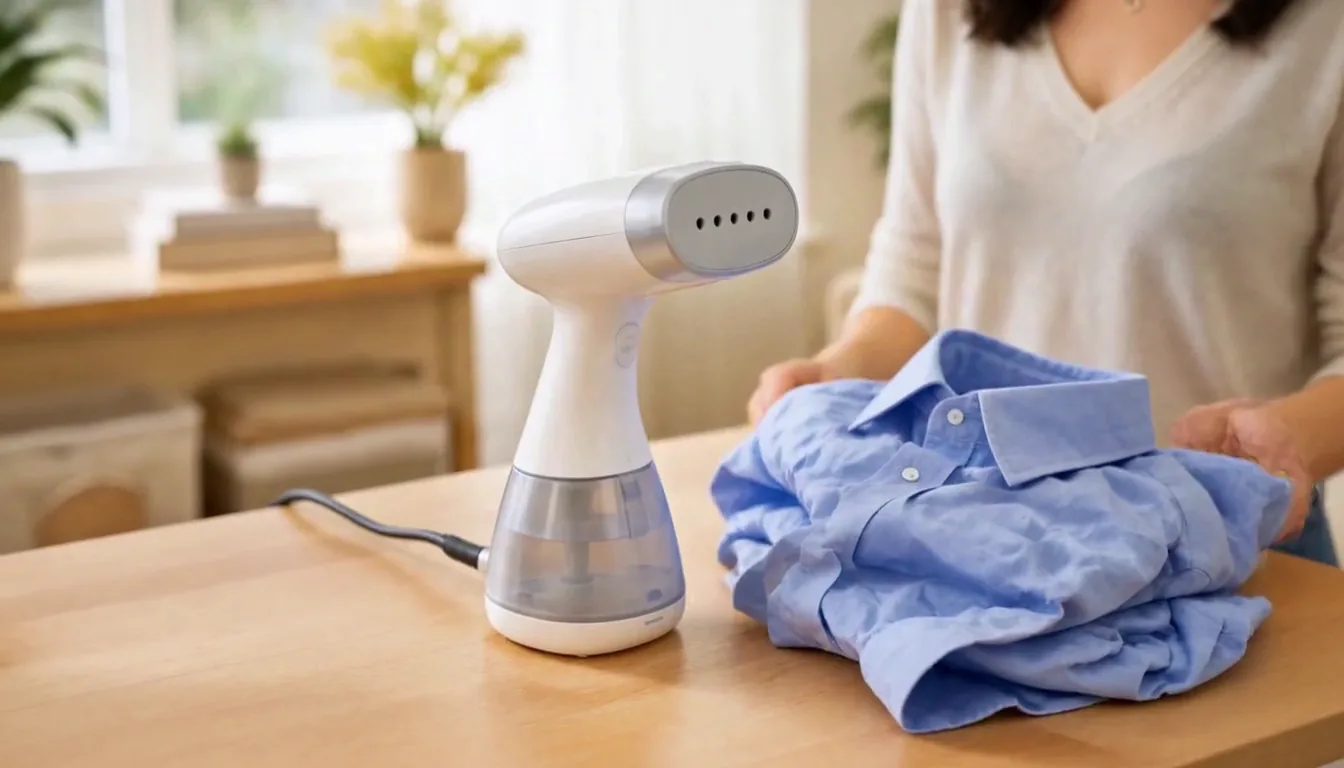 Portable garment steamer next to a folded blue shirt on a wooden table