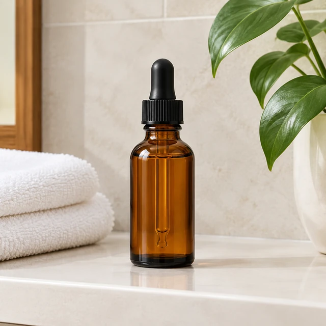 Amber serum bottle standing on a tidy bathroom shelf beside a folded towel.