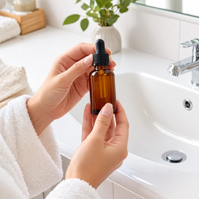 Hands hold a plain amber serum bottle beside a bathroom sink and folded robe.