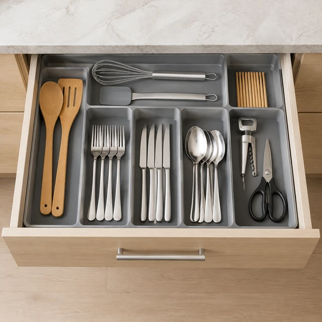 Gray organizer trays fitted neatly inside an open wooden kitchen drawer.