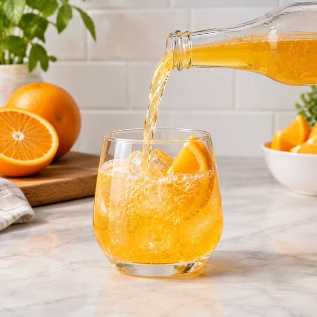 Golden sparkling citrus drink pours from a clear bottle into a glass with ice.