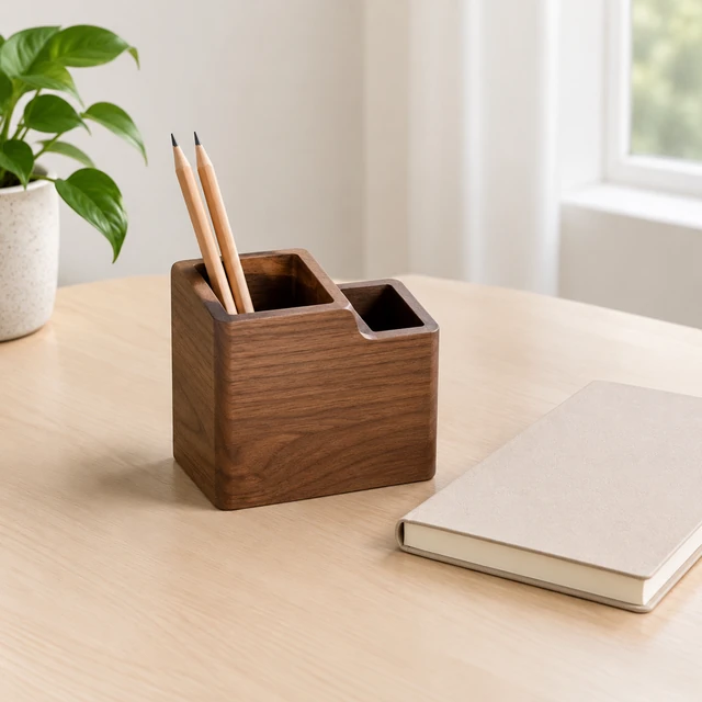 Plain walnut desk organizer with pencils and a blank notebook on a tidy workspace.