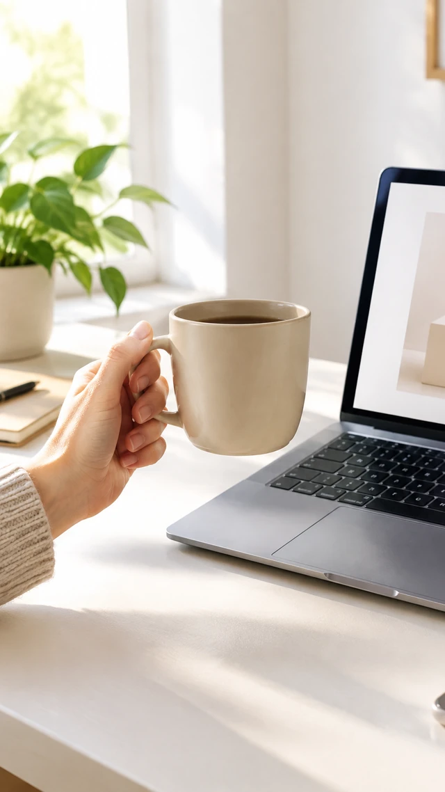 A hand lifts a plain beige ceramic mug beside an open laptop on a bright desk.