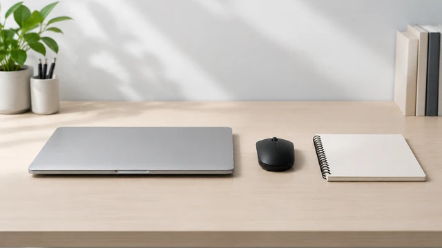 Compact black wireless mouse beside a closed laptop on a pale desk, viewed wide.