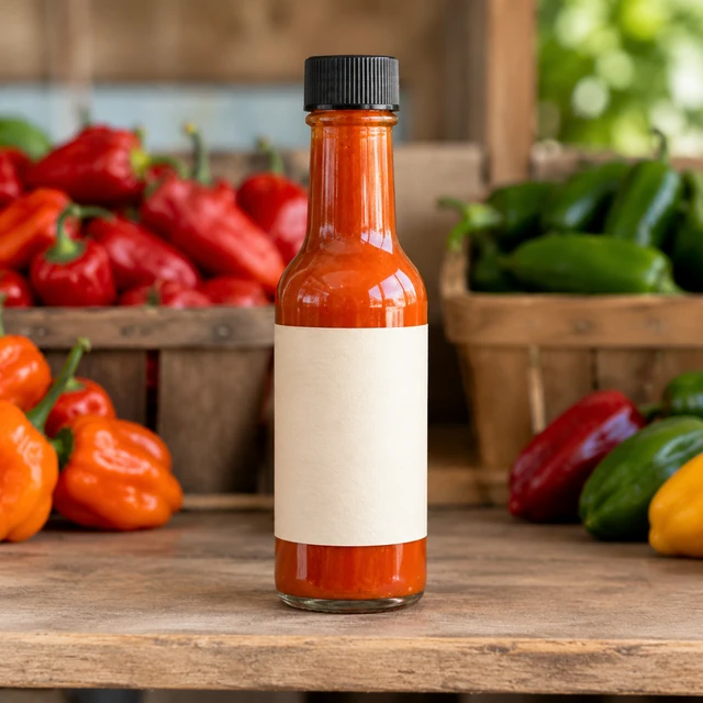 Plain glass hot sauce bottle with a completely blank cream label on a market shelf.