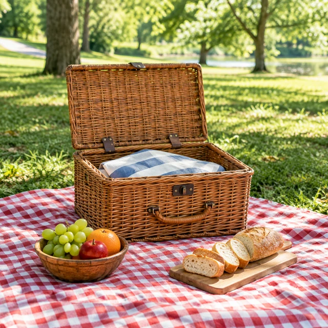 Woven picnic basket opened on a blanket with a few simple picnic foods arranged beside it.