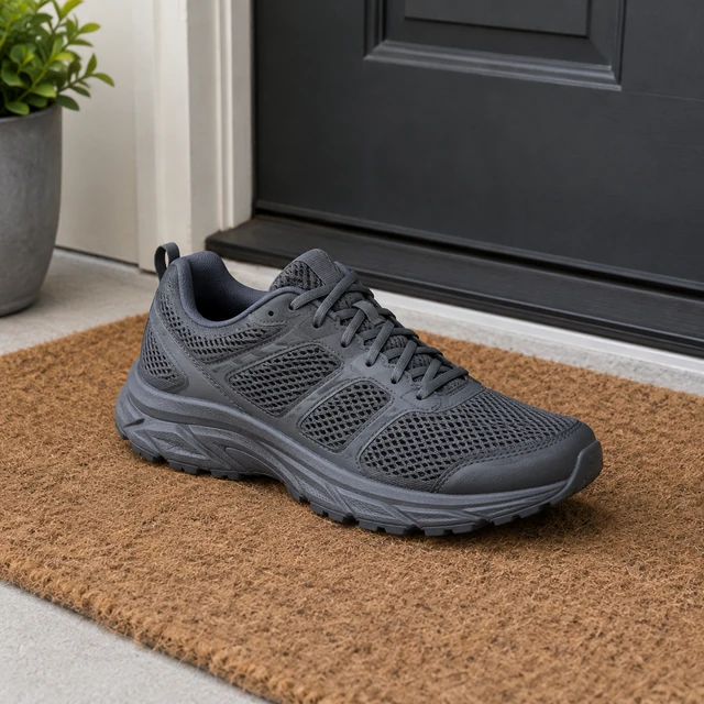 Dark gray technical running shoe resting by a front door on a small mat.