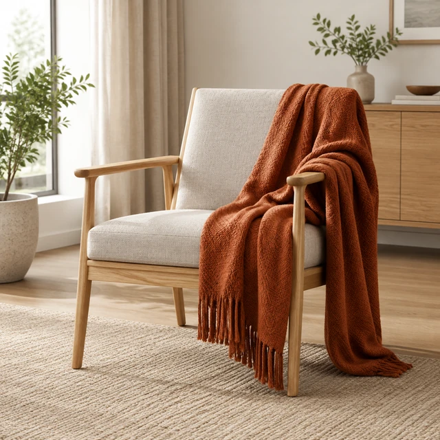 Soft rust-colored knit throw draped over an empty light wood armchair.