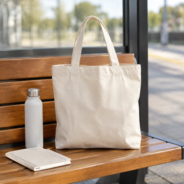 Natural canvas tote bag with a water bottle and notebook arranged beside it on a station bench.