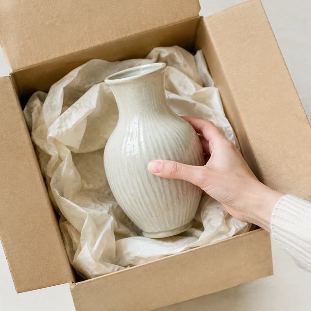 A hand gently lifting a pale ceramic vase from plain tissue paper in a box.