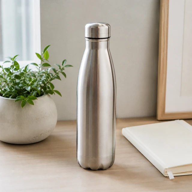 Plain brushed steel water bottle standing on a tidy desk beside a notebook and plant.