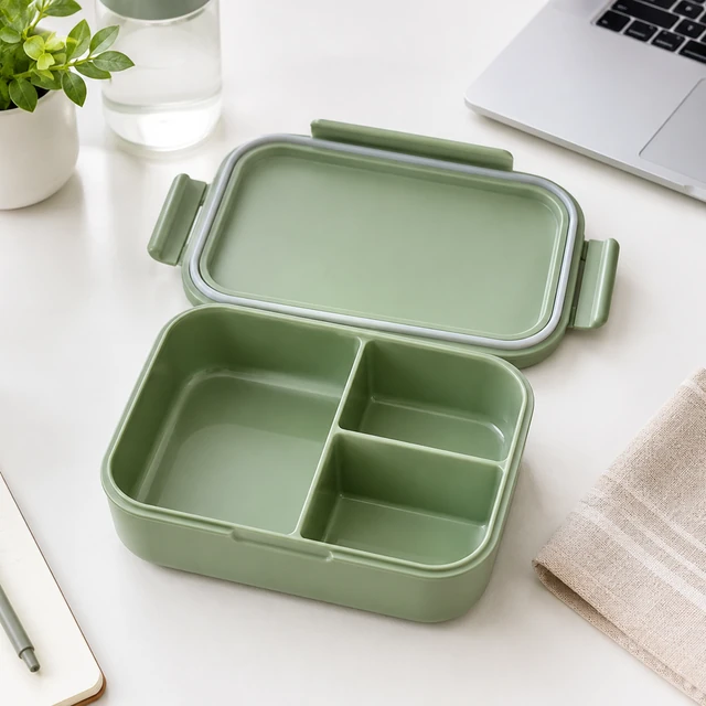 Open sage lunch container showing its compartments on an office desk beside a folded napkin.