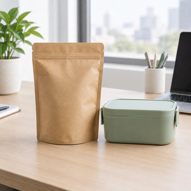 Plain blank snack pouch beside a lunch container on a clean office desk.