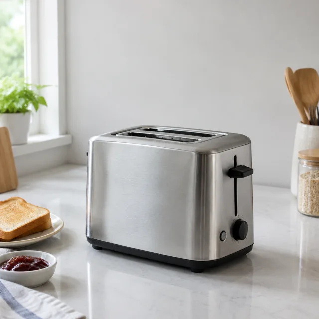 Compact stainless toaster on a bright kitchen counter.